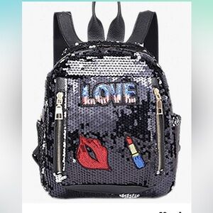 Sequin Backpack with Lipstick and Love Patch